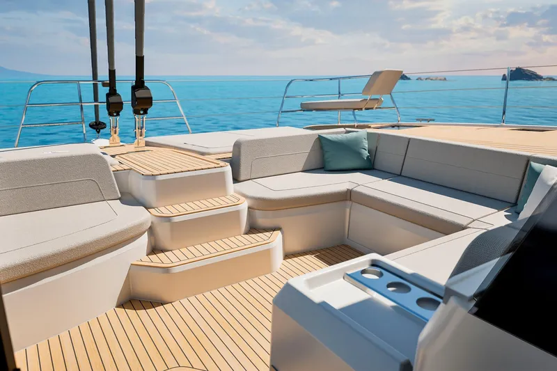  Yacht Photos Pics Luxurious 2026 Fountaine Pajot FP 55 yacht deck with elegant seating and ocean view.