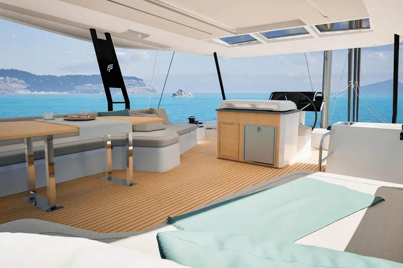  Yacht Photos Pics Luxurious interior of 2026 Fountaine Pajot FP 55 catamaran with ocean view.
