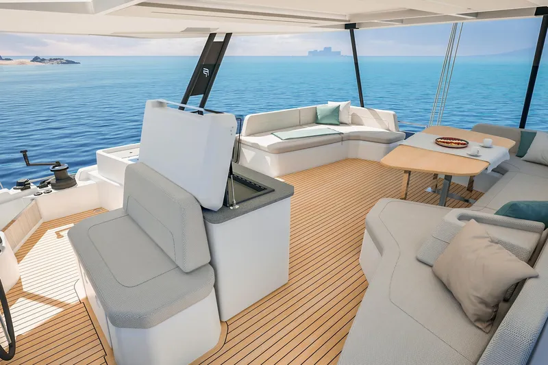  Yacht Photos Pics Luxurious interior of 2026 Fountaine Pajot FP 55 yacht with ocean view.