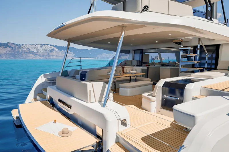  Yacht Photos Pics Luxurious 2026 Fountaine Pajot FP 55 yacht with spacious deck and modern interior design.