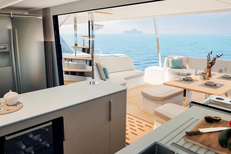  Yacht Photos Pics Luxurious interior of 2026 Fountaine Pajot FP 55 yacht with ocean view.