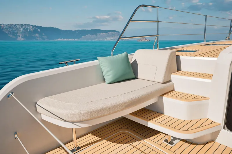  Yacht Photos Pics Luxurious 2026 Fountaine Pajot FP 55 yacht deck with elegant seating and ocean view.