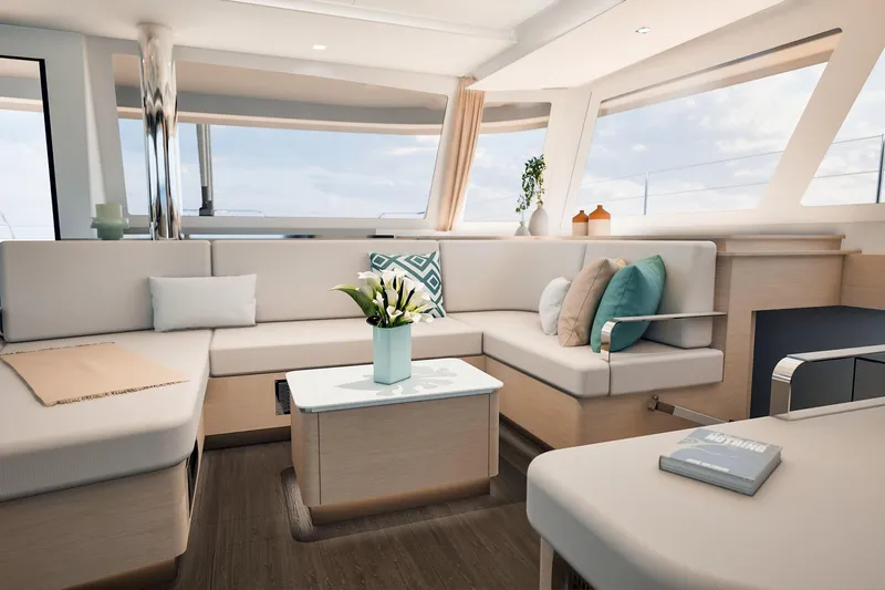  Yacht Photos Pics Luxurious interior of 2026 Fountaine Pajot FP 55 yacht with modern seating and decor.
