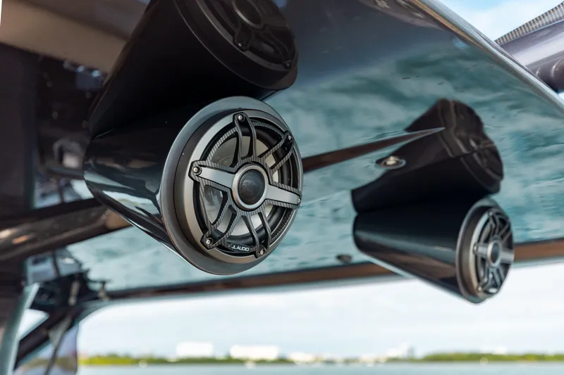  Yacht Photos Pics Outdoor speakers on Anvera 48 - USA yacht, 2025 model, with sleek design and water backdrop.