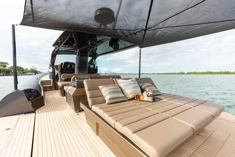  Yacht Photos Pics Luxurious Anvera 48 yacht deck with sun loungers and canopy, 2025 model.