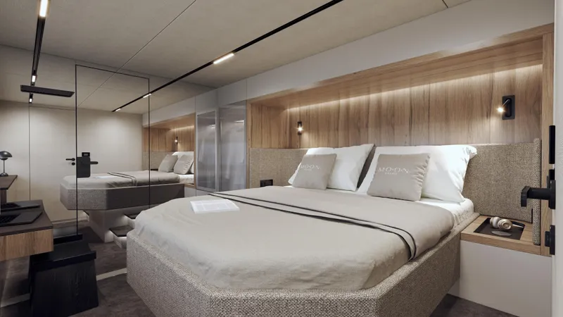 Yacht Photos Pics Luxurious bedroom interior in 2025 Moon 60 Power yacht, featuring modern design and ambient lighting.