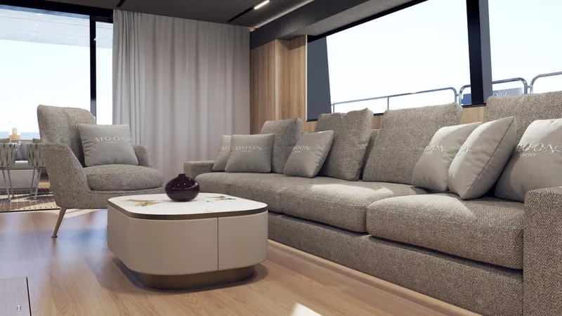 Yacht Photos Pics Luxurious interior of 2025 Moon 60 Power yacht with modern seating and elegant decor.
