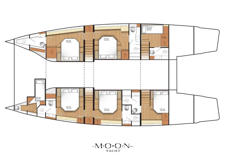  Yacht Photos Pics Floor plan of Moon 60 Power yacht, 2025 model, featuring multiple cabins and bathrooms.