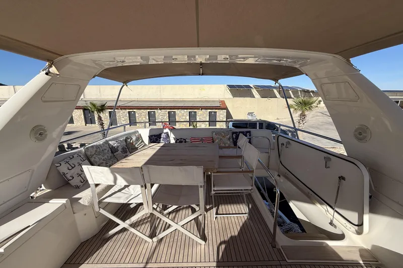  Yacht Photos Pics Spacious deck of 2011 Prestige 60 yacht with seating and table under canopy.