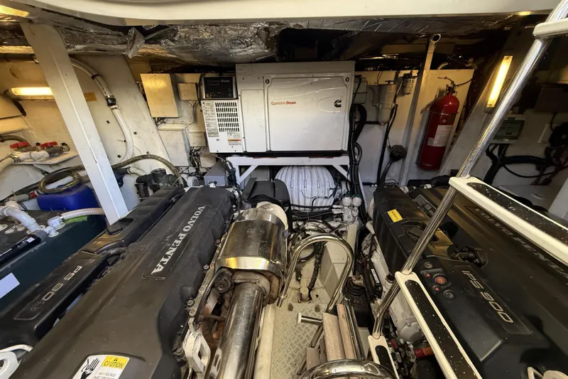  Yacht Photos Pics Engine room of a 2011 Prestige 60 yacht with Volvo Penta engines and Cummins generator.