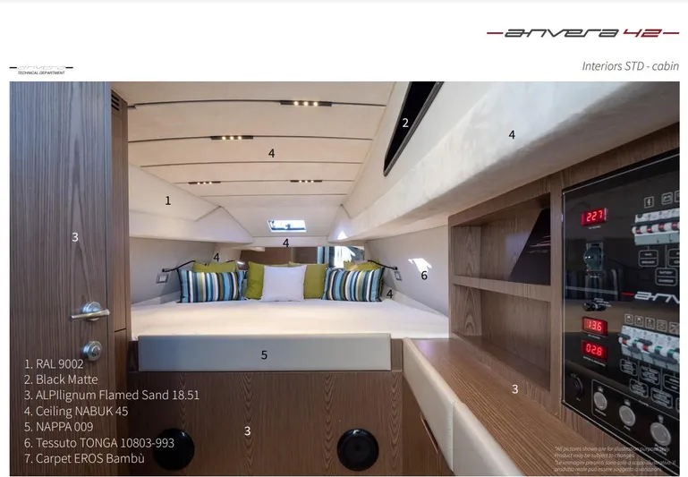  Yacht Photos Pics Luxury Anvera 42S yacht cabin interior with modern design and premium materials, 2025 model.