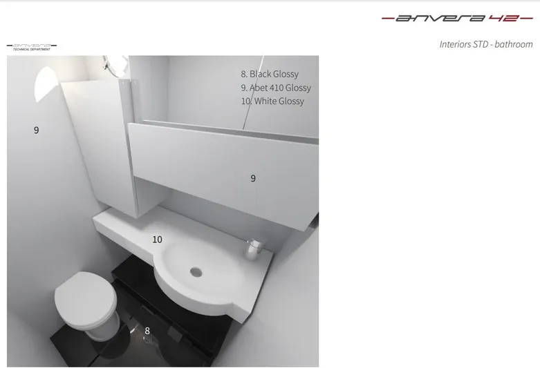  Yacht Photos Pics Modern Anvera 42S bathroom with sleek black and white glossy finishes, 2025 model.