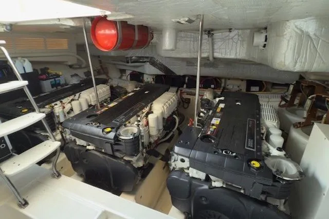 Jesse James Yacht Photos Pics Engine room of 2011 Tiara Yachts 5800 Sovran with dual engines and equipment.