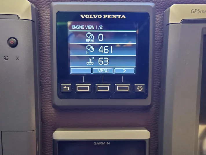  Yacht Photos Pics Volvo Penta engine display on 2016 Cutwater 30 Command Bridge, showing RPM and engine hours.
