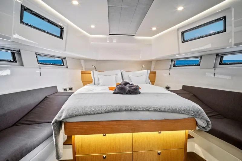One Love Yacht Photos Pics Luxurious cabin interior of 2019 Fjord 52 Open yacht with modern design.