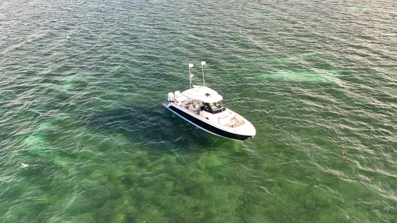  Yacht Photos Pics 2023 Tiara Yachts 34 LS cruising on clear, green ocean waters.