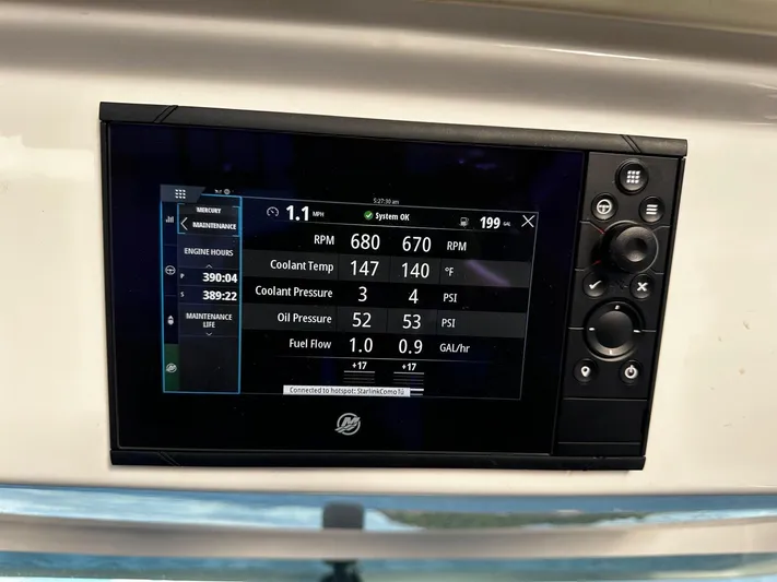  Yacht Photos Pics Display panel of 2023 Tiara Yachts 34 LS showing engine metrics and controls.