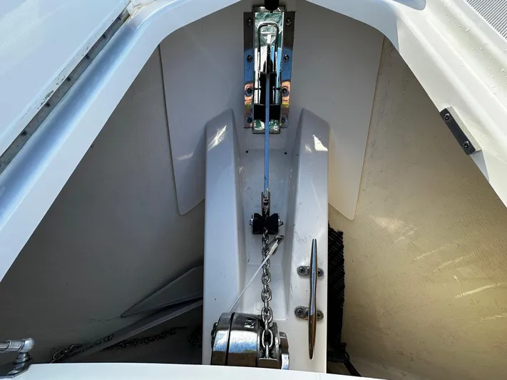  Yacht Photos Pics Anchor compartment of 2023 Tiara Yachts 34 LS, featuring chain and winch system.