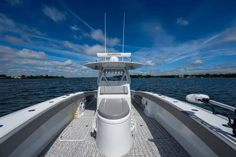  Yacht Photos Pics 2022 Freeman 34VH boat on open water under a clear blue sky.
