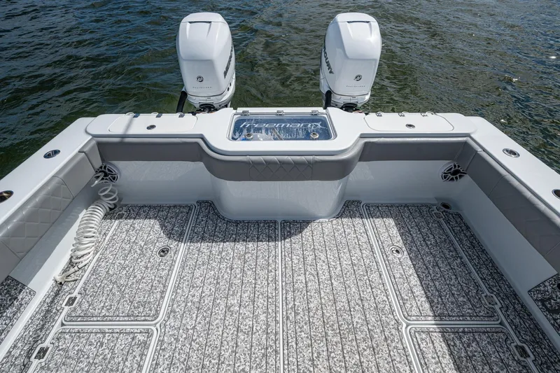  Yacht Photos Pics Freeman 34VH 2022 boat deck with twin engines on water.