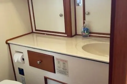 Contessa Yacht Photos Pics Luxurious bathroom vanity in 2001 Grand Banks 49 Eastbay SX yacht.