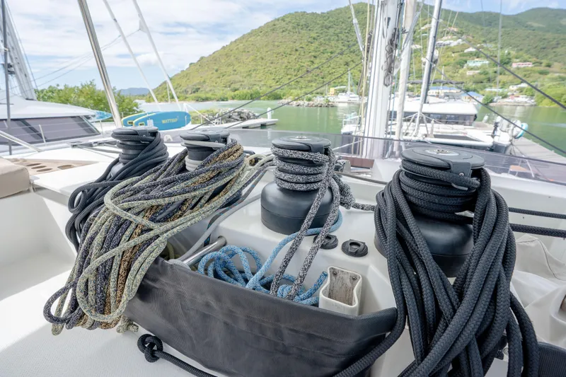  Yacht Photos Pics Deck of 2019 Fountaine Pajot Ipanema 58 with ropes and winches.