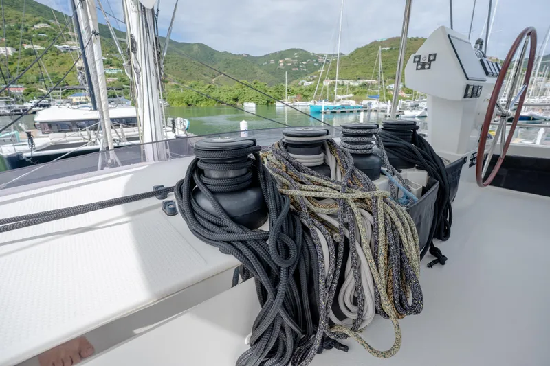  Yacht Photos Pics Deck of 2019 Fountaine Pajot Ipanema 58 with ropes and winches.