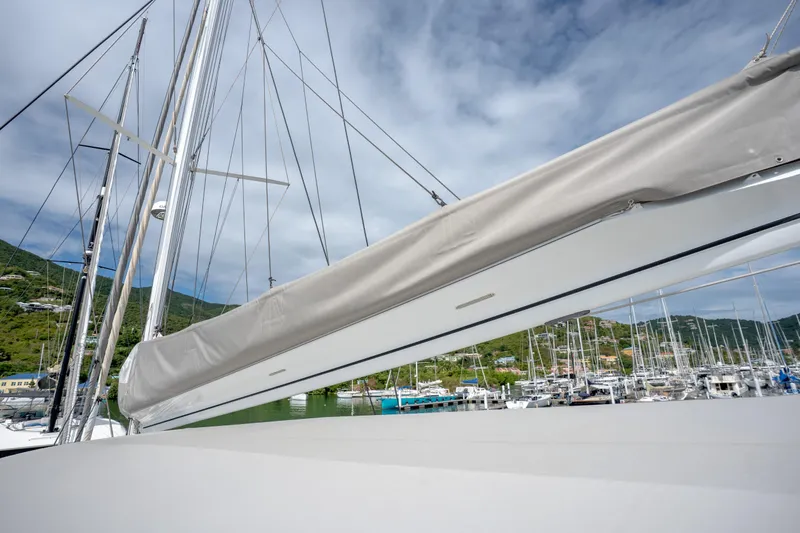  Yacht Photos Pics Fountaine Pajot Ipanema 58 sailboat in marina, 2019 model, with scenic background.