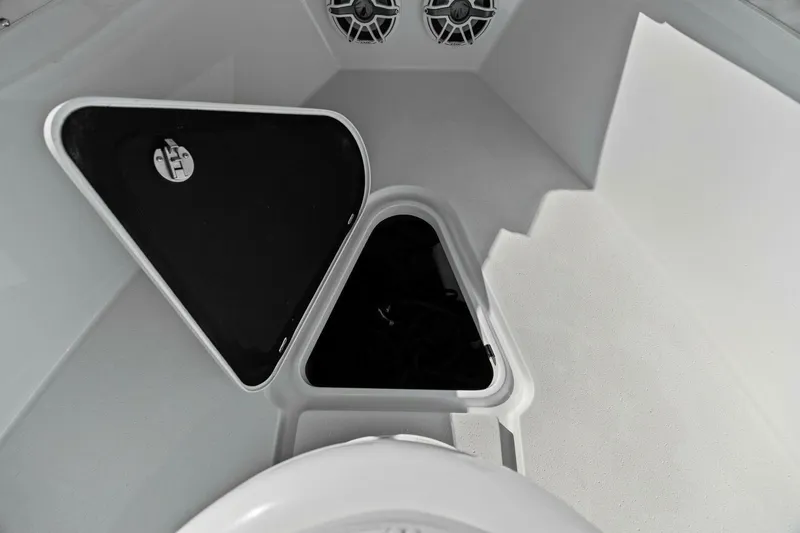 Rumble Fish Yacht Photos Pics 2021 Yellowfin 39 boat interior with open storage compartments and speakers.