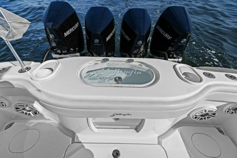 Rumble Fish Yacht Photos Pics 2021 Yellowfin 39 boat with four Mercury engines on water.