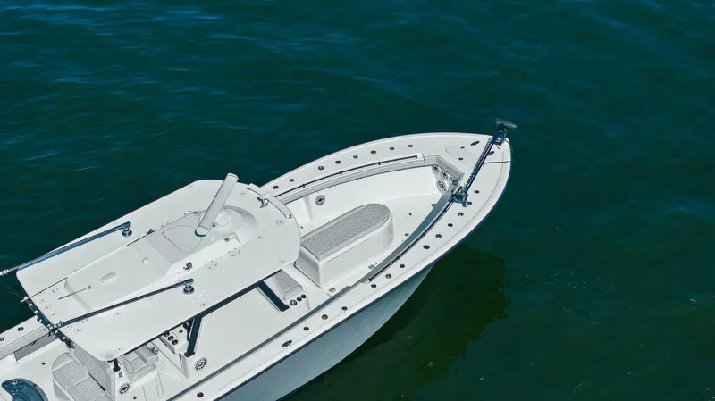 Rumble Fish Yacht Photos Pics 2021 Yellowfin 39 boat on calm water, aerial view.