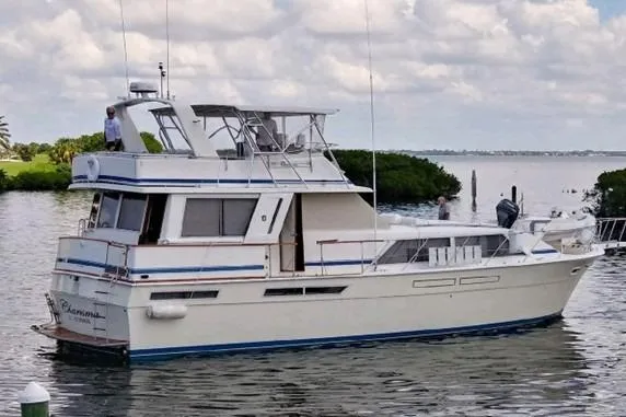 'charisma' Yacht Photos Pics 1985 Chris-Craft 500 Constellation yacht on calm water under cloudy sky.