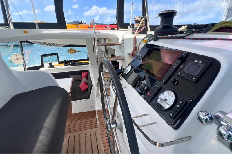Sixtus Yacht Photos Pics Interior view of 2016 Lagoon 450 S yacht cockpit with navigation instruments.