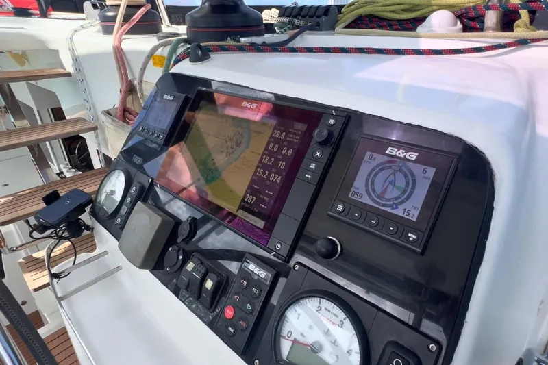 Sixtus Yacht Photos Pics Helm of 2016 Lagoon 450 S catamaran with navigation instruments and controls.