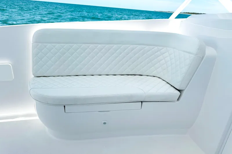  Yacht Photos Pics Luxurious white seating on 2024 Intrepid 41 Valor boat with ocean view.