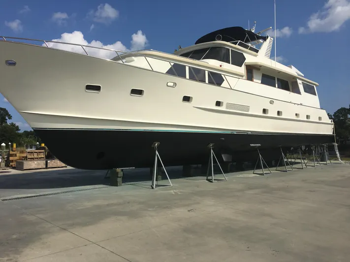 Sweet Freedom Yacht Photos Pics 1984 Broward CPMY Raised Pilothouse yacht on dry dock.
