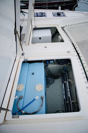 Cynthia Mae Yacht Photos Pics Leopard 45 catamaran deck with open storage compartments, 2018 model.