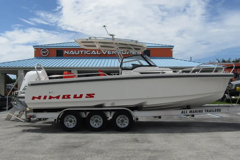  Yacht Photos Pics 2024 Nimbus T8 boat on trailer at Nautical Ventures dealership.