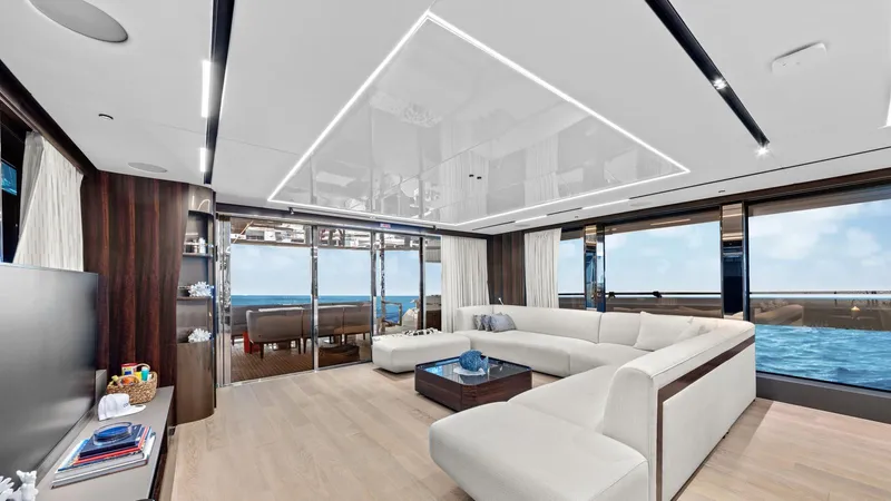 Contessa Yacht Photos Pics Luxurious interior of 2024 Sunseeker 100' Yacht with ocean view and modern furnishings.