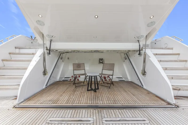 Contessa Yacht Photos Pics 2024 Sunseeker 100' Yacht deck with chairs and table, showcasing luxury design.