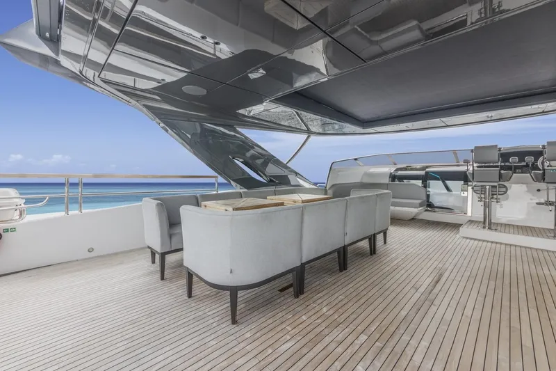Contessa Yacht Photos Pics Luxurious 2024 Sunseeker 100' Yacht deck with modern seating and ocean view.