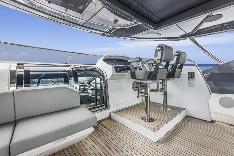 Contessa Yacht Photos Pics Luxurious 2024 Sunseeker 100' Yacht helm with modern seating and ocean view.