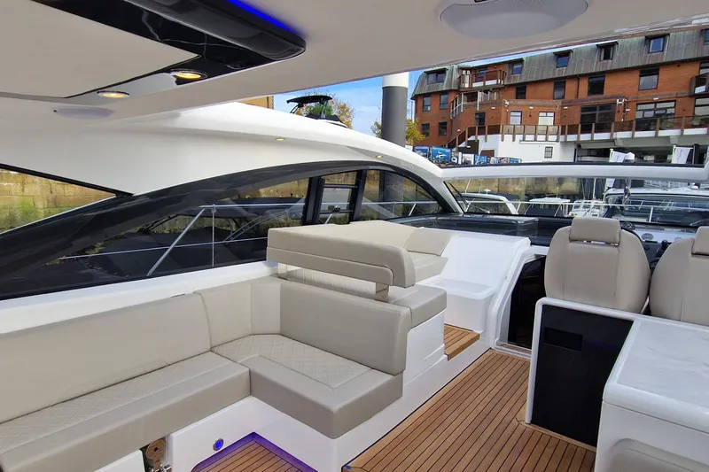 Volvo Ips & Dps Yacht Photos Pics Luxurious interior of 2024 Fairline Targa 45 Open yacht with modern seating and sleek design.
