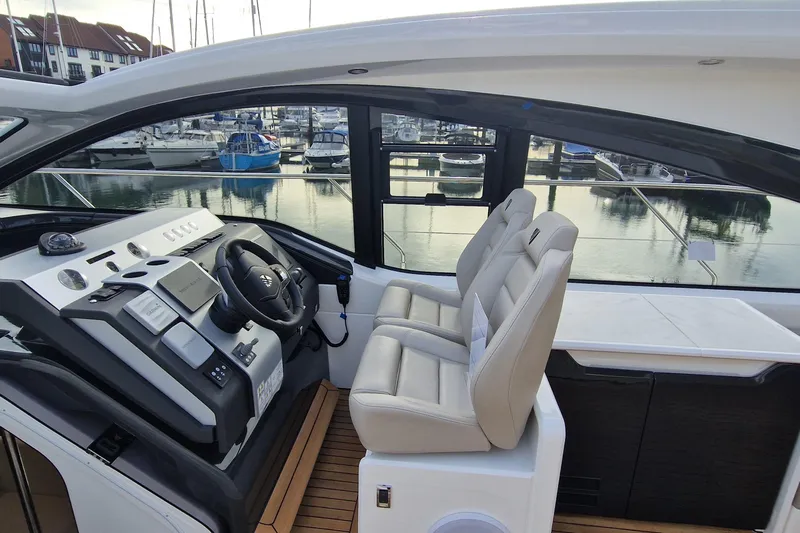 Volvo Ips & Dps Yacht Photos Pics 2024 Fairline Targa 45 Open yacht cockpit with modern steering and seating.