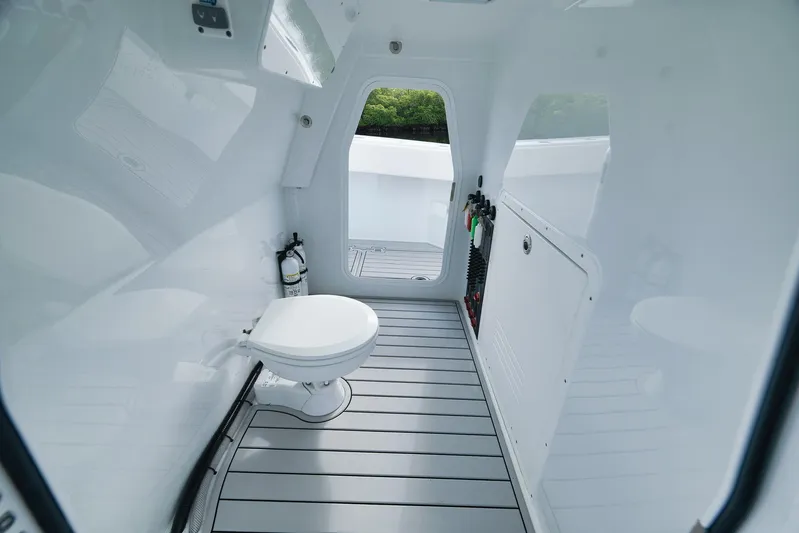  Yacht Photos Pics Interior of a 2022 Freeman 47 boat featuring a sleek, modern bathroom design.