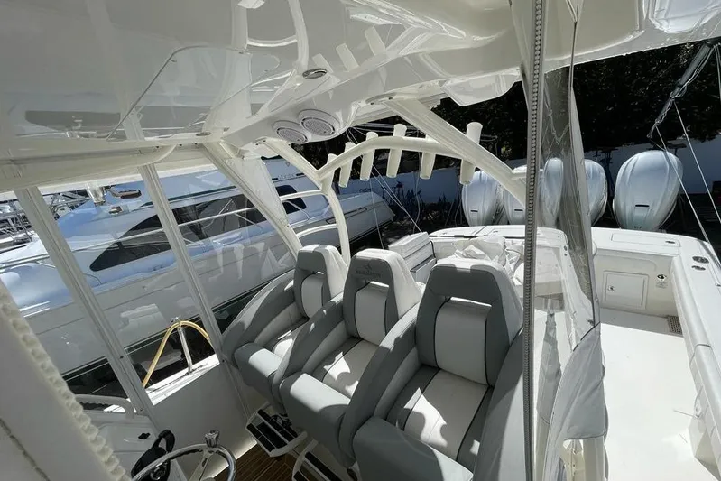  Yacht Photos Pics Interior of a 2019 Regulator 41 boat with luxurious seating and modern design.
