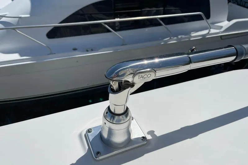  Yacht Photos Pics Close-up of a 2019 Regulator 41 boat's TACO marine hardware in sunlight.
