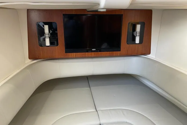  Yacht Photos Pics 2019 Regulator 41 cabin interior with TV and leather seating.