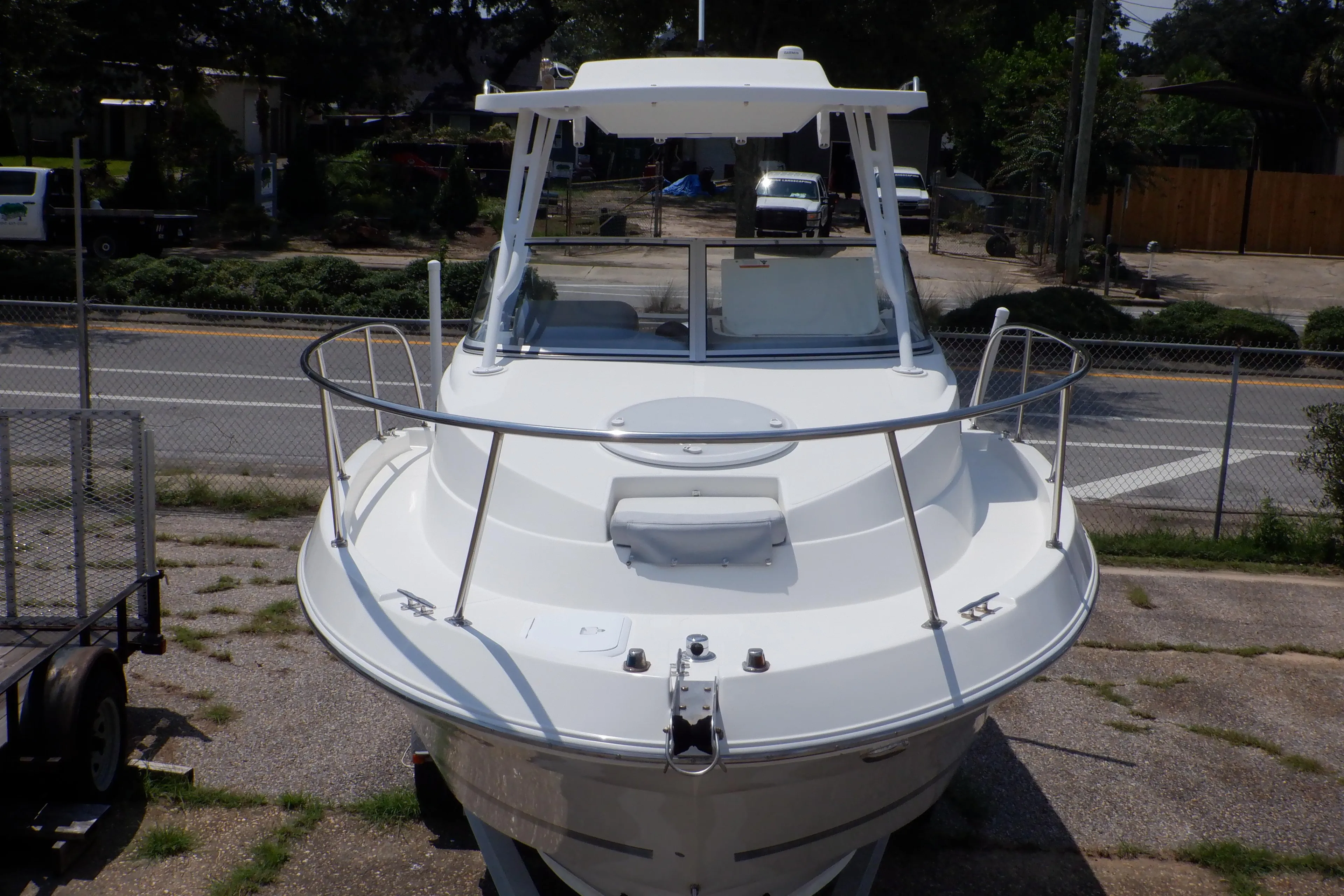 2015 Seaswirl Striper 220 Walkaround boat on display, front view.