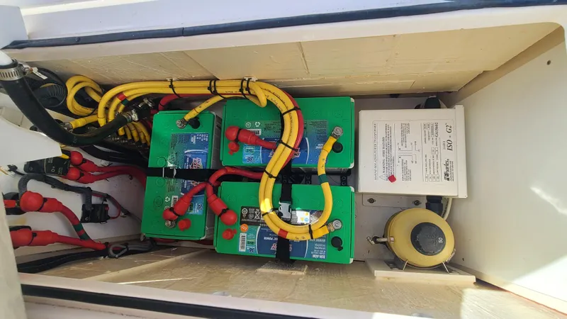  Yacht Photos Pics Battery compartment of 2016 Pursuit DC 325 Dual Console with wiring and connections.